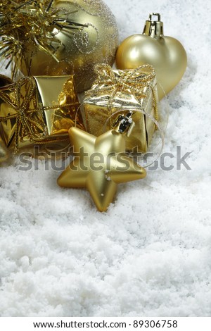 Similar – Image, Stock Photo Golden Christmas ornaments on snow background