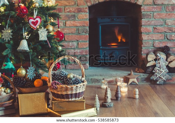 Christmas Decorations Basket Front Fireplace Candles Holidays