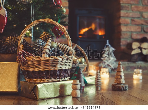 Christmas Decorations Basket Front Fireplace Candles Stock Photo