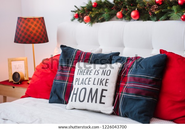 Christmas Decorations Bedroom Studio Bed Pillows Stock Photo