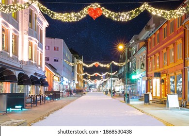 Christmas Decorations In Center Street In Tromso, Norway,  Starry Night