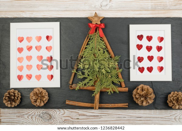 Christmas Decorations Collage Made Cinnamon Sticks Stock Photo