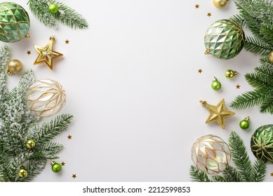 Christmas decorations concept. Top view photo of gold and green baubles balls star ornaments confetti and pine branches on isolated white background with empty space