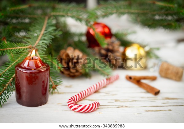 Christmas Decorations Furtree Branches Colorful Glass Stock Photo