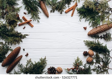 Christmas Decorations, Gifts And Food On A White Wooden Background.