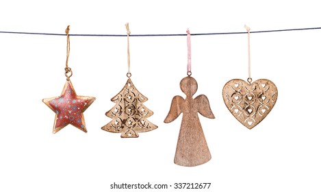 Christmas decorations hanging on string isolated on white background - Powered by Shutterstock