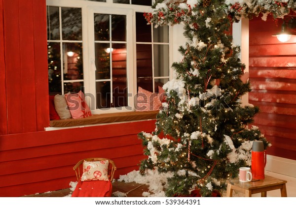 Christmas Decorations House Outside Fir Tree Stock Photo Edit Now