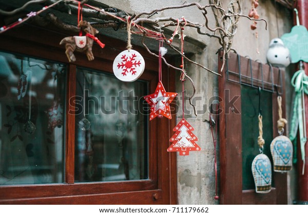 Christmas decorations of houses in Germany. Celebrating the New Year