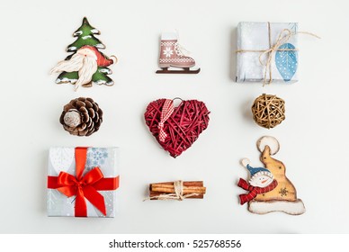 Christmas Decorations And Objects For Mock Up Template Design Christmas Gift Box, Christmas Hearts, Cinnamon, Cones, Ice Skating View From Above Flat Lay Xmas Decorations