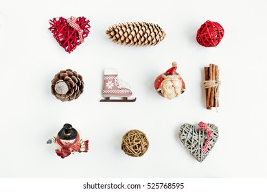 Christmas Decorations And Objects For Mock Up Template Design Christmas Gift Box, Christmas Hearts, Cinnamon, Cones, Ice Skating View From Above Flat Lay Xmas Decorations