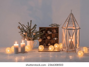 Christmas decorations on background white wall - Shutterstock ID 2366308503