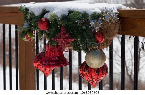 Christmas Decorations On Balcony Covered Snow Stock Photo Edit