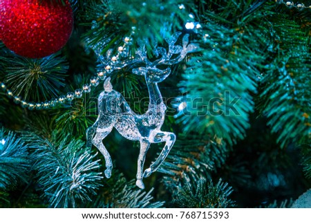 Christmas decorations on the branches of fir tree