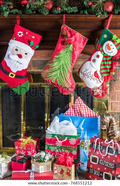 Christmas Decorations On Fireplace Christmas Gift Stock Photo