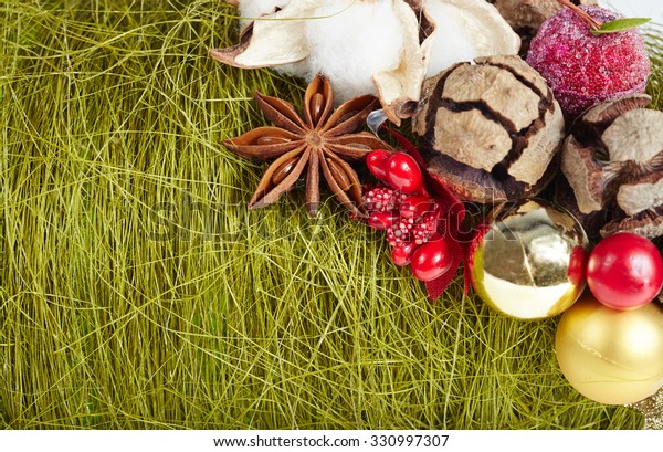 Christmas Decorations On Green Sisal Background Stock Photo Edit