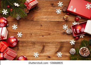 Christmas Decorations On A Rustic Wood Background, Vintage Retro Style