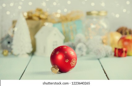 Christmas Decorations On Wooden Bac