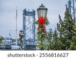 Christmas decorations in Portsmouth, NH, with Memorial Bridge in background