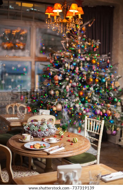 Christmas Decorations Table Served Russian Blinis Stock Photo