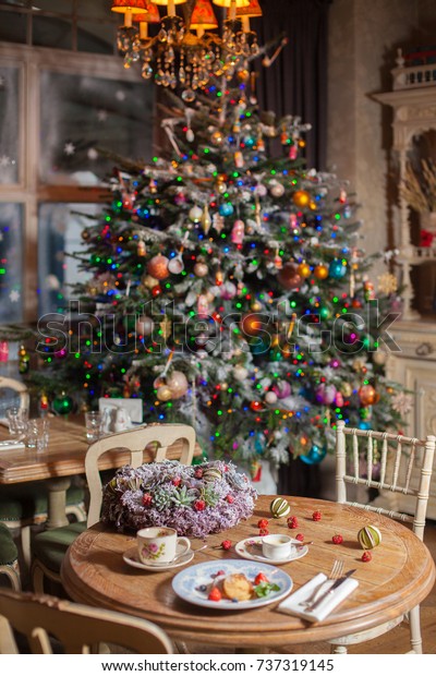 Christmas Decorations Table Served Russian Blinis Stock Photo