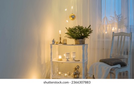 Christmas decorations in white vintage interior - Shutterstock ID 2366307883