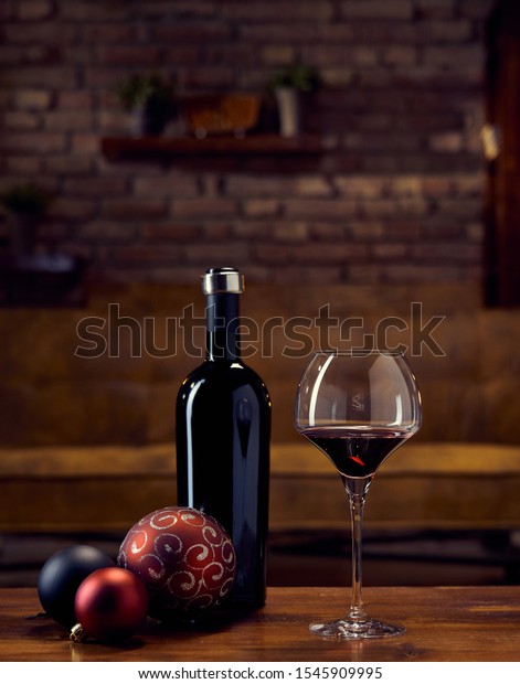 Christmas Decorations Wine Glasses Bottle Red Stock Photo