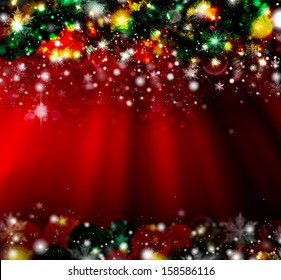 Christmas With Defocused Lights. Red Background 