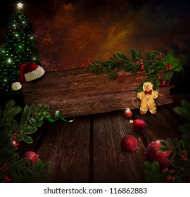 Christmas design - Night Christmas tree. Background with Glitter Xmas tree in room. Gingerbread man, Christmas ornaments and Holly. Vintage holiday card or invitation with copyspace. - Powered by Shutterstock