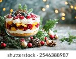 A Christmas dessert with fresh fruit and whipped cream in a glass bowl, decorated with festive elements. For your background business, poster, wallpaper, banner, backdrop, greeting cards