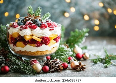 A Christmas dessert with fresh fruit and whipped cream in a glass bowl, decorated with festive elements. For your background business, poster, wallpaper, banner, backdrop, greeting cards - Powered by Shutterstock