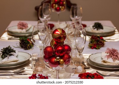 Christmas Dining Table With Decorative Ornaments For Christmas Day Lunch. 25th December Chritsmas Day