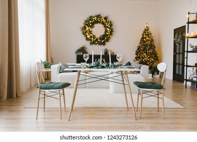 Christmas Dining Table With Two Chairs In The Living Room