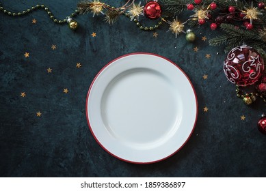 Christmas Dinner Background, Plate On Dark Rustic Table With Christmas Decor, Top View