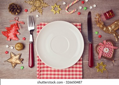 Christmas Dinner Background With Rustic Decorations. View From Above