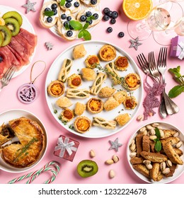 Christmas Dinner Girls Party Table, Holiday Food Concept Background, Top View, Flat Lay