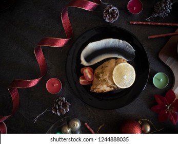 Christmas Dinner. Grilled Chicken Flatlay For Christmas On Black Table. Dark Food Photography For Christmas. Fine Dining For Christmas.