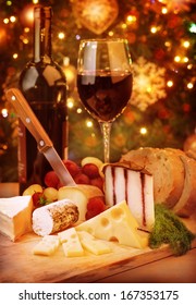 Christmas Dinner At Home, Cheese And Wine Table Setting, Cozy Atmosphere On Christmas Eve  