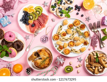 Christmas Dinner Party Table, Holiday Food Concept Background, Top View, Flat Lay