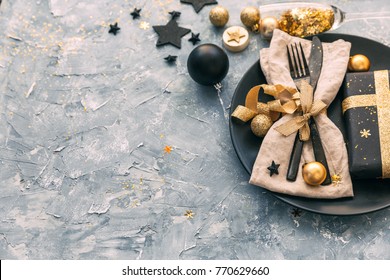 Christmas dinner plate decoration. Merry christmas card. Winter holiday theme. Happy New Year. Space for text.