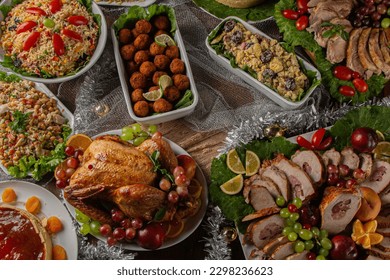 Christmas dinner. With roast turkey and foods served in Brazil. Traditional Christmas table served in Brazil, decorated. Family dinner. top view - Powered by Shutterstock