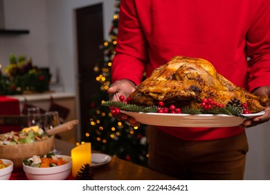 Christmas Dinner With Roasted Turkey, Special Food On Table In The Dinning Room For Christmas Dinner Celebration, Christmas Celebration Concept