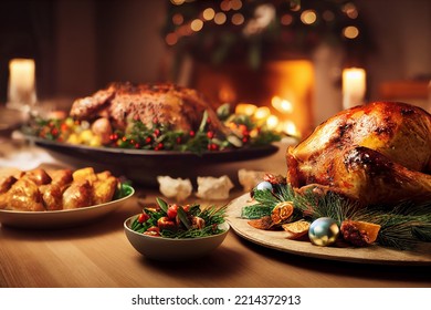 Christmas dinner table setting with various dishes