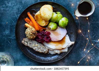 Christmas Dinner Witt Turkey, Sausage Meat, Roast Potatoes, Stuffing And Cranbery Sauce