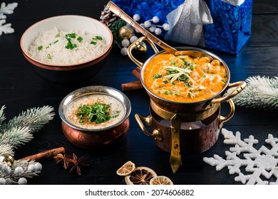 Christmas Dishes In Indian Cuisine, Roast Indian Spices, Side Dish Christian Food Christmas Indian Spicy Food Or Recipe, Served Indian Dinner Table With Assortment Of Dishes