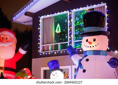 Christmas Display Lights House With Inflatable Snowman And Santa