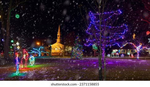 Christmas display on the town square of Twinsburg, Ohio, with a historic old church in the background - Powered by Shutterstock