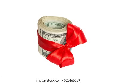 Christmas Dollar Cash Present With Red Bow Isolated On White Background