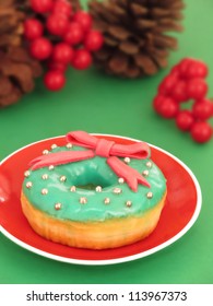 Christmas Dough Nuts On A Party Table. Donut