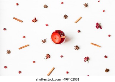 Christmas Drink. Traditional Mulled Wine With Spices. Christmas, Winter, New Year Concept. Flat Lay, Top View