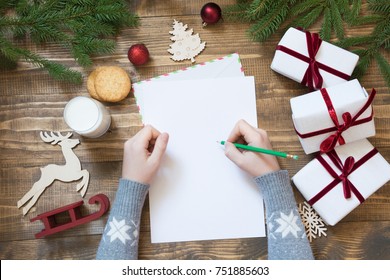 Christmas Empty Blank Letter For Santa Claus With Milk, Cookies. Child Writes The Letter To Santa Claus. Top View And Space For Your Text. Flat Lay.